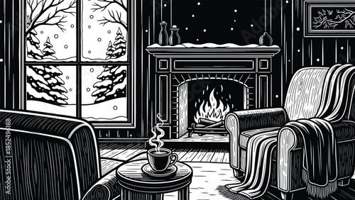 Cozy living room with warm fireplace on snowy winter night