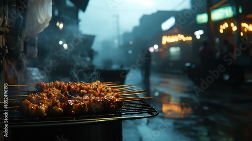Kebabs grilling on a street vendor's stall in an urban environment