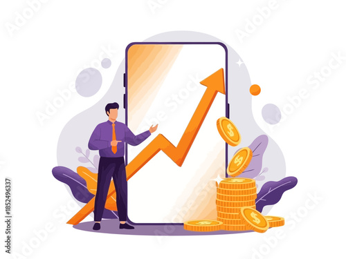 Businessman analyzing financial growth chart on smartphone with coins and upward arrow