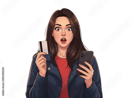 Woman shocked holding credit card and smartphone