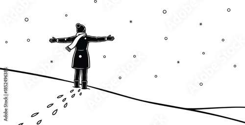 Person embracing winter with open arms on snowy hilltop