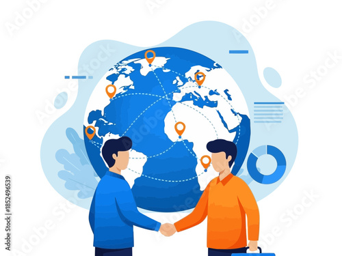Two business people shaking hands in front of a world map with location pins and global connections