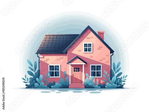 A charming pink house with a red roof and white windows, surrounded by green plants on a