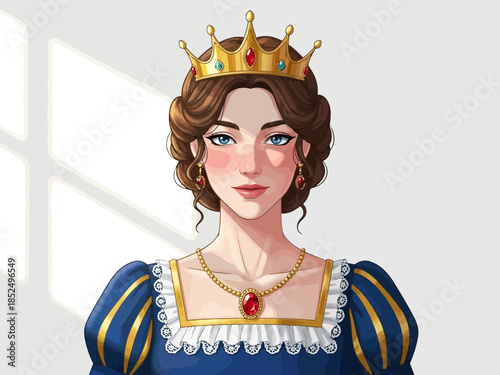 Beautiful young woman with a crown and a blue dress