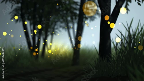 Glowing yellow dots illuminate dark forest, creating enchanting atmosphere filled with magic, as soft light dances among shadows of trees, evoking wonder and beauty