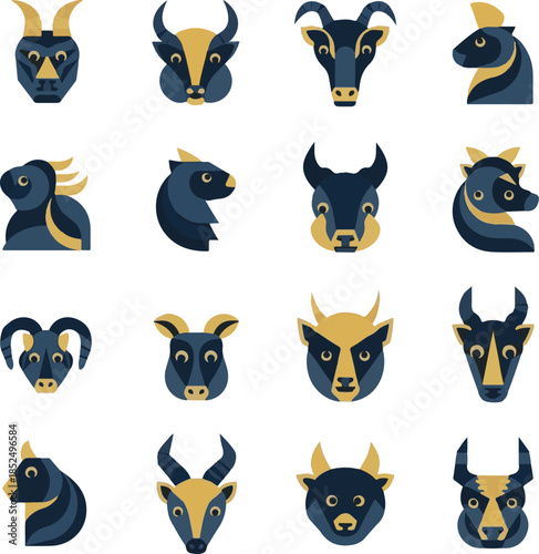 Geometric Chinese Zodiac Animal Head Icons Set for Lunar Horoscope