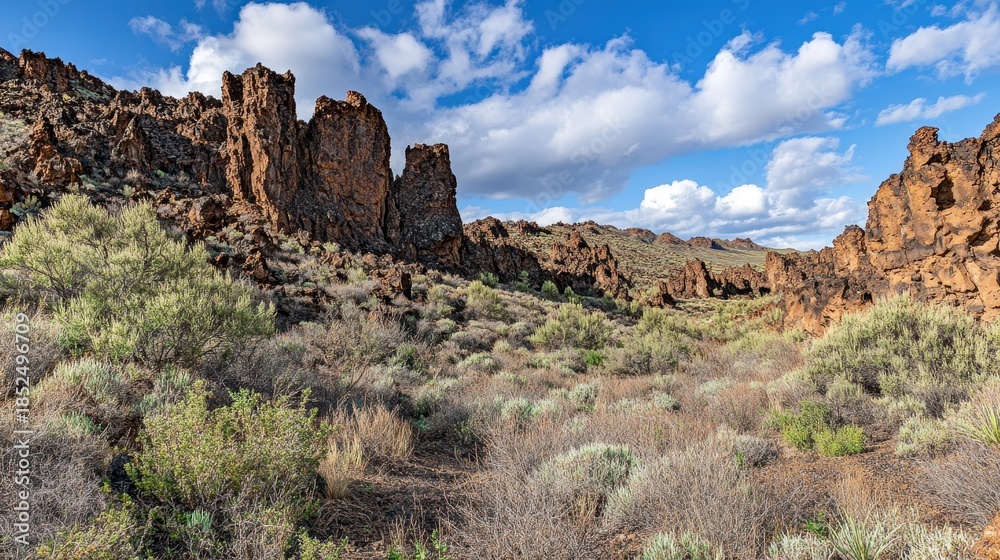 Fototapeta premium Jagged volcanic rock formations rise from a dry scrub desert landscape under a bright blue sky with scattered clouds