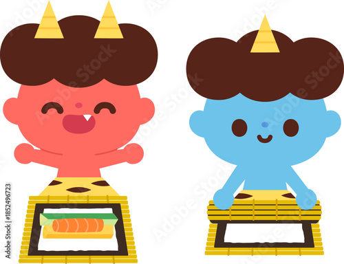 恵方巻を作る赤鬼と青鬼