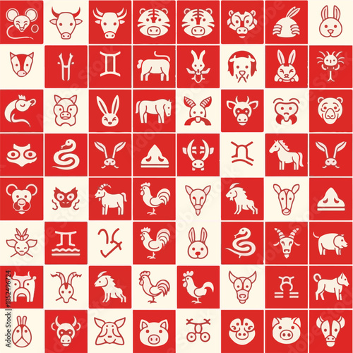 Red and White Checkered Grid of Chinese Zodiac Animal Icons