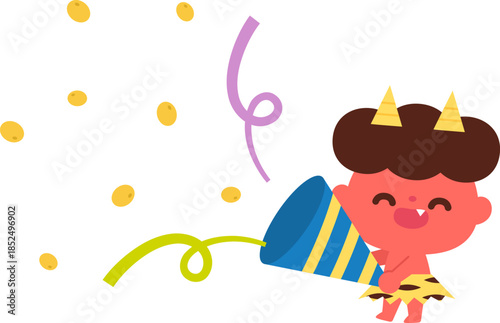 豆が出てくるクラッカーを持った赤鬼