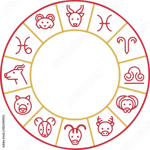 Minimalist Chinese Zodiac Wheel with Red Line Art Animal Icons