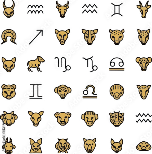 Chinese Zodiac Animal Icons and Astrology Symbols Set in Gold