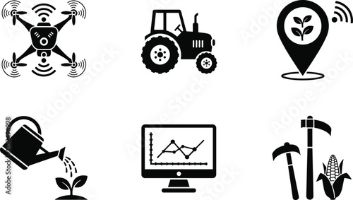 Black and White Vector Icon Set of Smart Farming Technology Including an Agricultural Drone Tractor Watering Can and Monitor