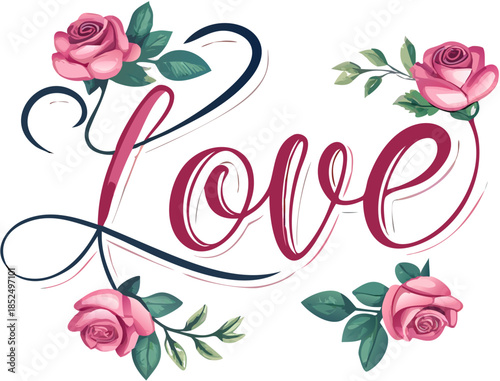 Love Calligraphy Lettering with Roses Floral Decoration