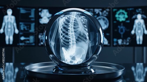 A glowing human skeletal system model encased within a futuristic glass orb on a reflective tray