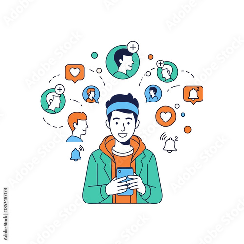 Young man using smartphone with social media icons around him.