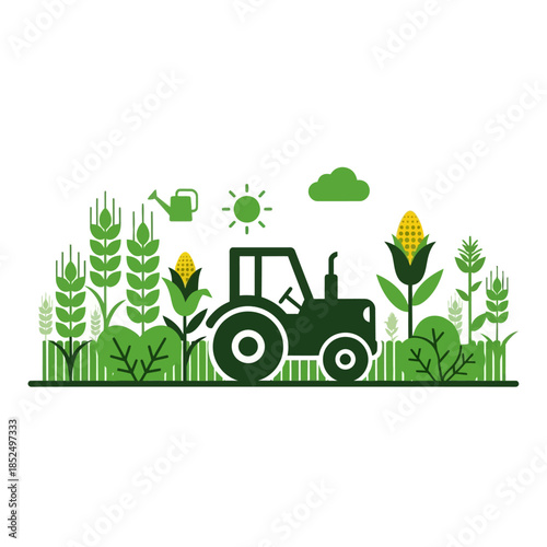 A green tractor in a field with wheat and corn crops, sun, cloud, and watering can, symbolizing agriculture and farming.
