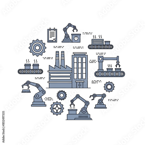 Industrial factory with automated production lines, robotic arms, and gears, illustrating modern manufacturing processes and technology.