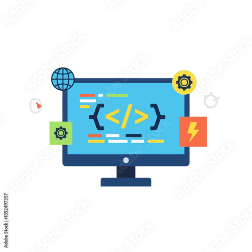 A flat design illustration of a computer monitor displaying code symbols, surrounded by various development and technology icons.