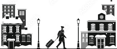 Woman walking with luggage through snowy city street at night