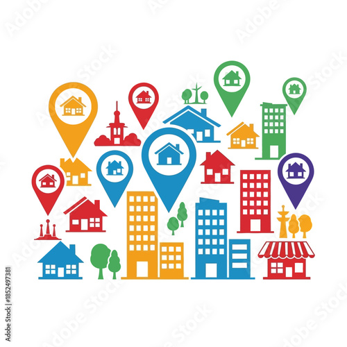 Colorful illustration of various buildings and houses, some marked with location pins, representing real estate, urban planning, and community mapping.