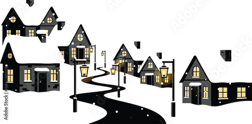 Snowy village street with cozy houses and warm streetlights