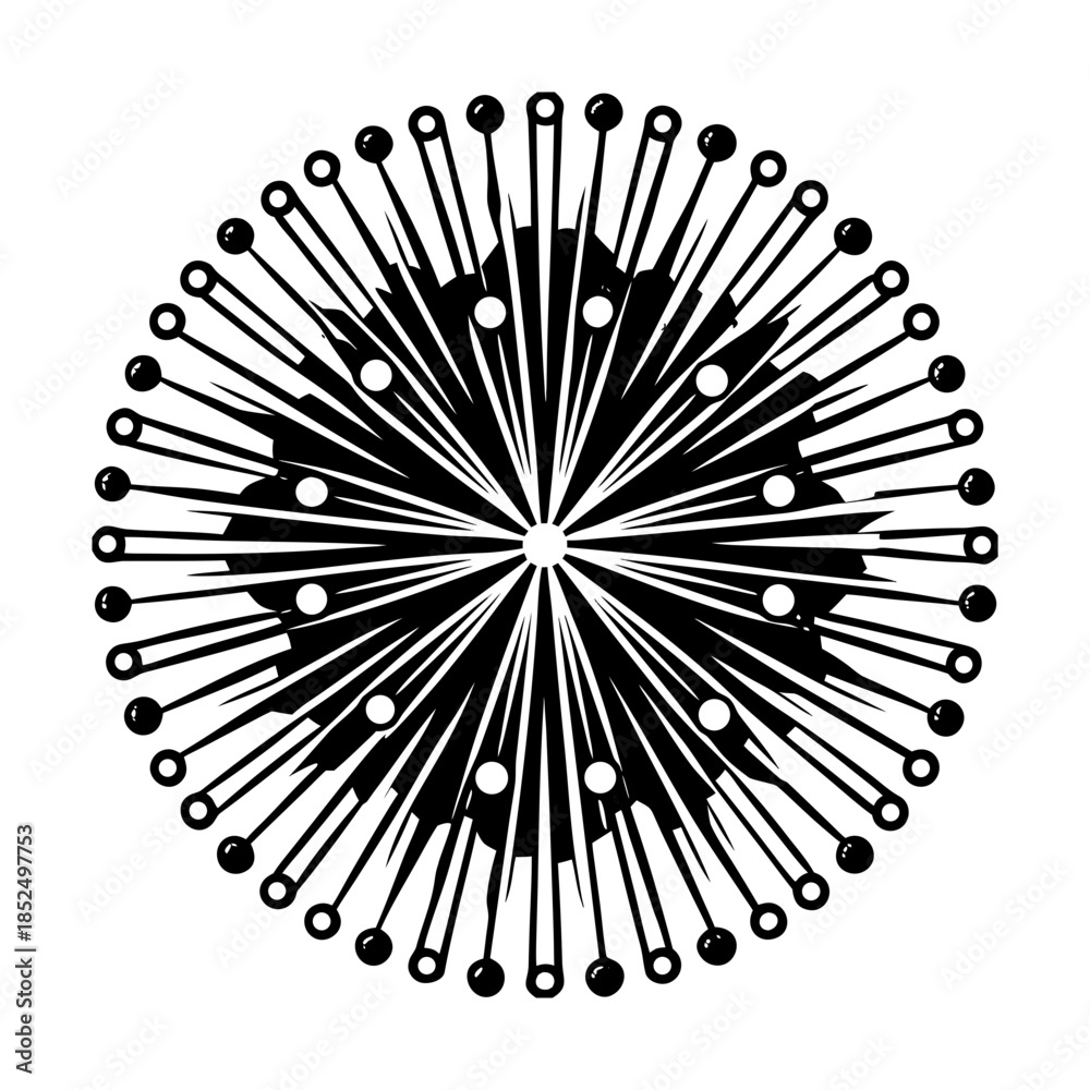 Obraz premium circular light burst with small glowing nodes, thin symmetrical radiating lines, pastel + gold festive tone, isolated on pure white, vector clean modern illustration 