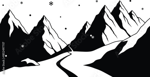 Snowy mountain landscape with winding road and snowfall