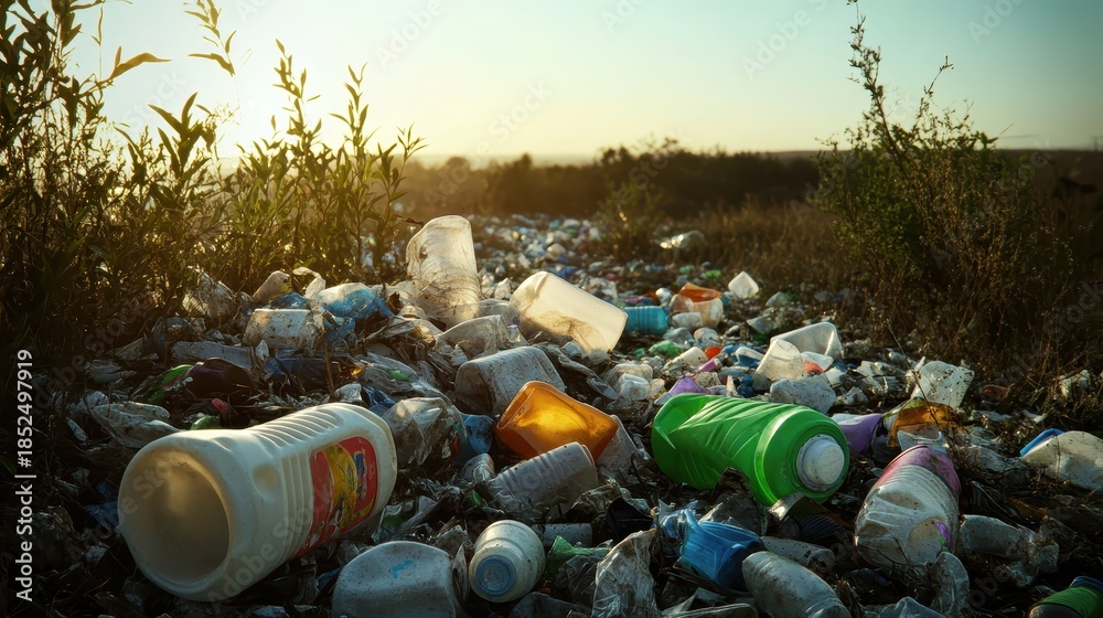 Fototapeta premium Plastic bottles and waste containers discarded in a landfill