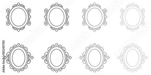 oval mirror frame line icon symbol, ornate decorative design photo frame vector outline icon illustration