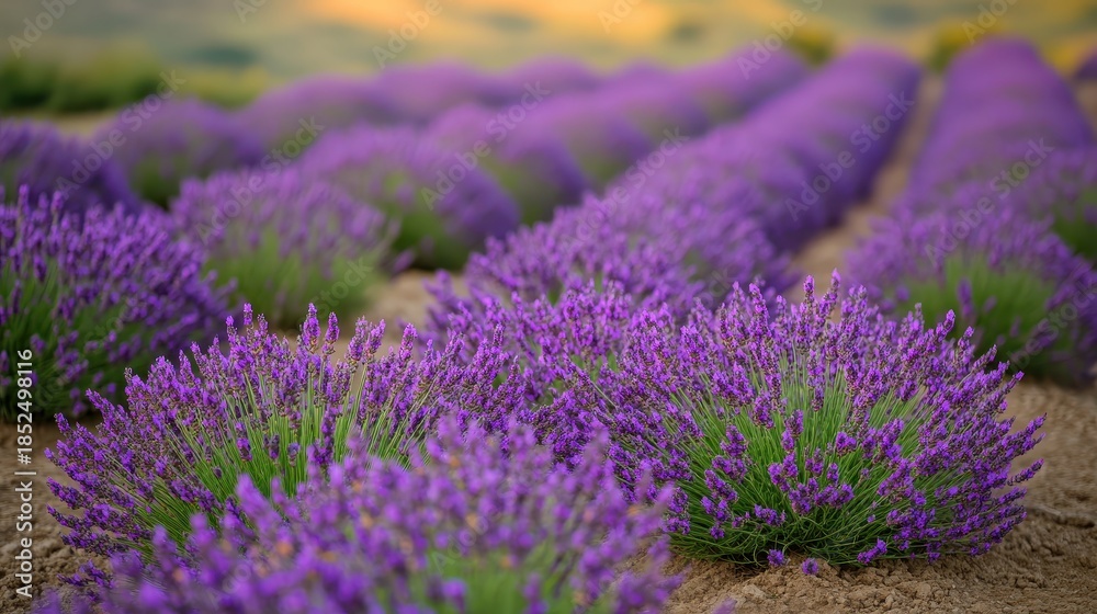 Obraz premium Rows of purple lavender plants blooming in a field