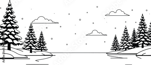 Snowy pine trees on frozen lake with snowfall