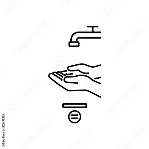 Minimalist line art icon of hands washing under a water faucet with drainage, emphasizing hygiene, sanitation, and disease prevention for World Toilet Day