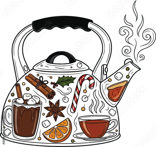 Hot chocolate kettle, steaming winter beverage ingredients, festive holiday drink preparation illustration