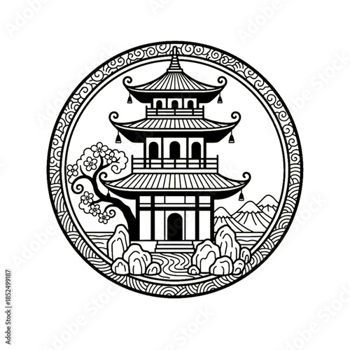 decoration depicting traditional Japanese buildings, with a white background.
