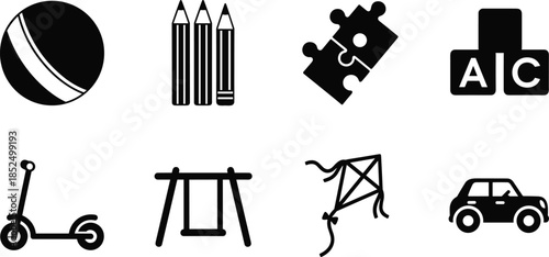 Black and White Vector Icon Set of Childrens Toys Including a Scooter Ball Pencils Puzzle Blocks Kite and Car