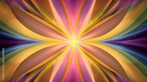 Vibrant abstract kaleidoscope light patterns showcase symmetrical design with shifting colors, blending hues of purple, pink, green, and yellow, evoking wonder and beauty in every captivating moment