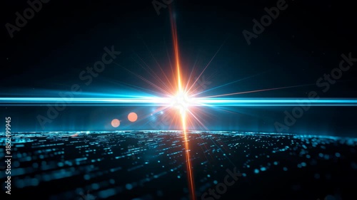 Vibrant abstract lens flare creates stunning horizontal blue streak, evoking sci fi atmosphere with bright light illuminating dark background, enhancing visual impact and intrigue