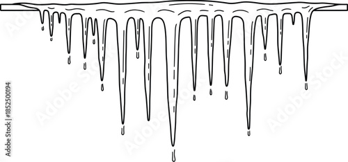 Icicle drawing, winter ice formation, hanging frozen water drips, cold weather icon outline illustration