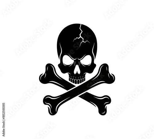 A striking black and white illustration of a human skull with crossed bones below it symbolizing danger