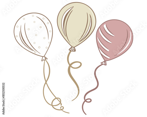 three minimal balloon silhouettes with subtle pastel fills, metallic gold ribbon curls, balanced trio layout, isolated on white, vector festive flat style
