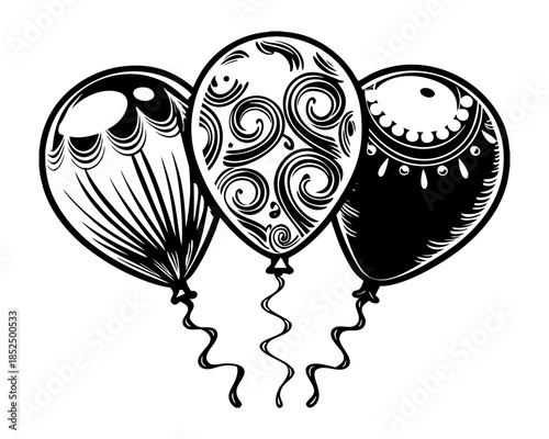 three minimal balloon silhouettes with subtle pastel fills, metallic gold ribbon curls, balanced trio layout, isolated on white, vector festive flat style
