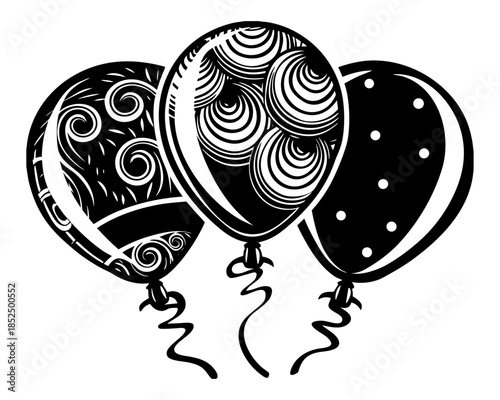 three minimal balloon silhouettes with subtle pastel fills, metallic gold ribbon curls, balanced trio layout, isolated on white, vector festive flat style
