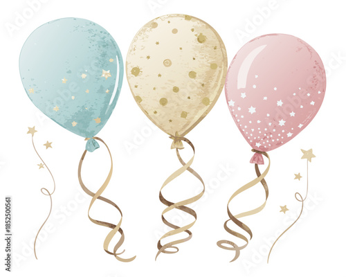 three minimal balloon silhouettes with subtle pastel fills, metallic gold ribbon curls, balanced trio layout, isolated on white, vector festive flat style

