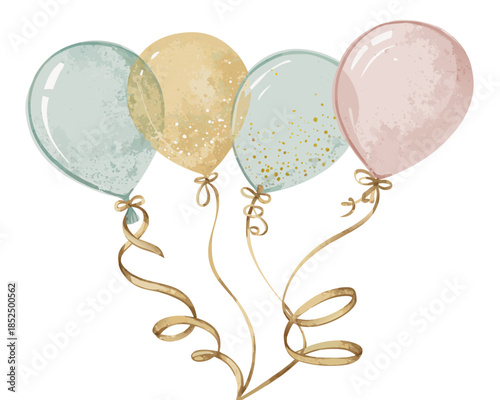 three minimal balloon silhouettes with subtle pastel fills, metallic gold ribbon curls, balanced trio layout, isolated on white, vector festive flat style
