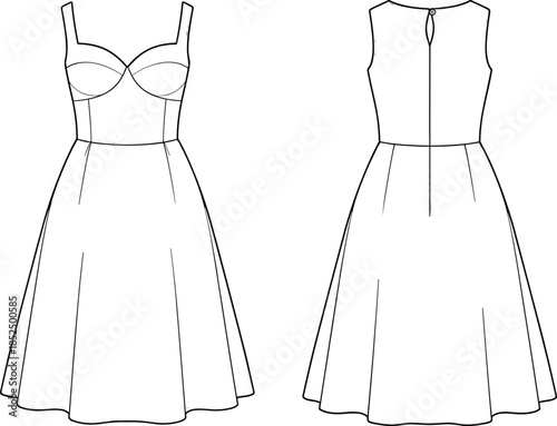 Women sleeveless midi dress technical drawing, front back view line art flat vector apparel fashion cad illustration design template mockup