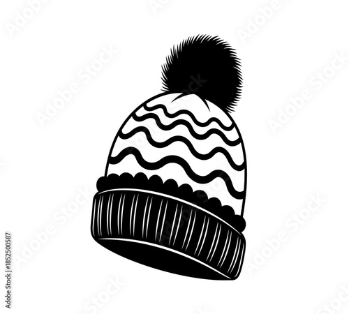 A simple black and white illustration of a knitted winter hat with a fluffy pom pom on top