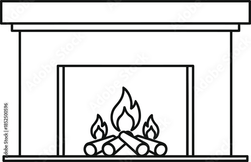 Fireplace icon with burning logs, simple linear drawing, cozy home heat source symbol