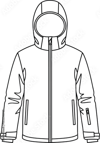 Outline technical drawing of a hooded ski jacket with front zipper and pocket details for apparel design