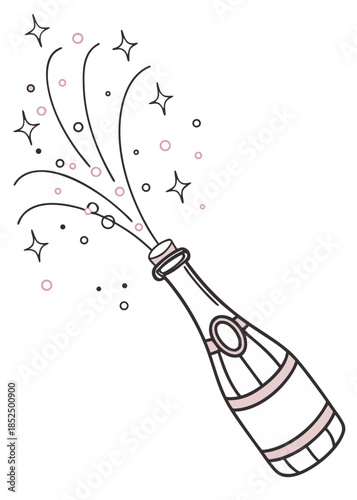 minimal champagne cork flying upward, thin vector outline, small sparkling particles trail, soft gold/pastel highlight, isolated on white, festive celebration icon
